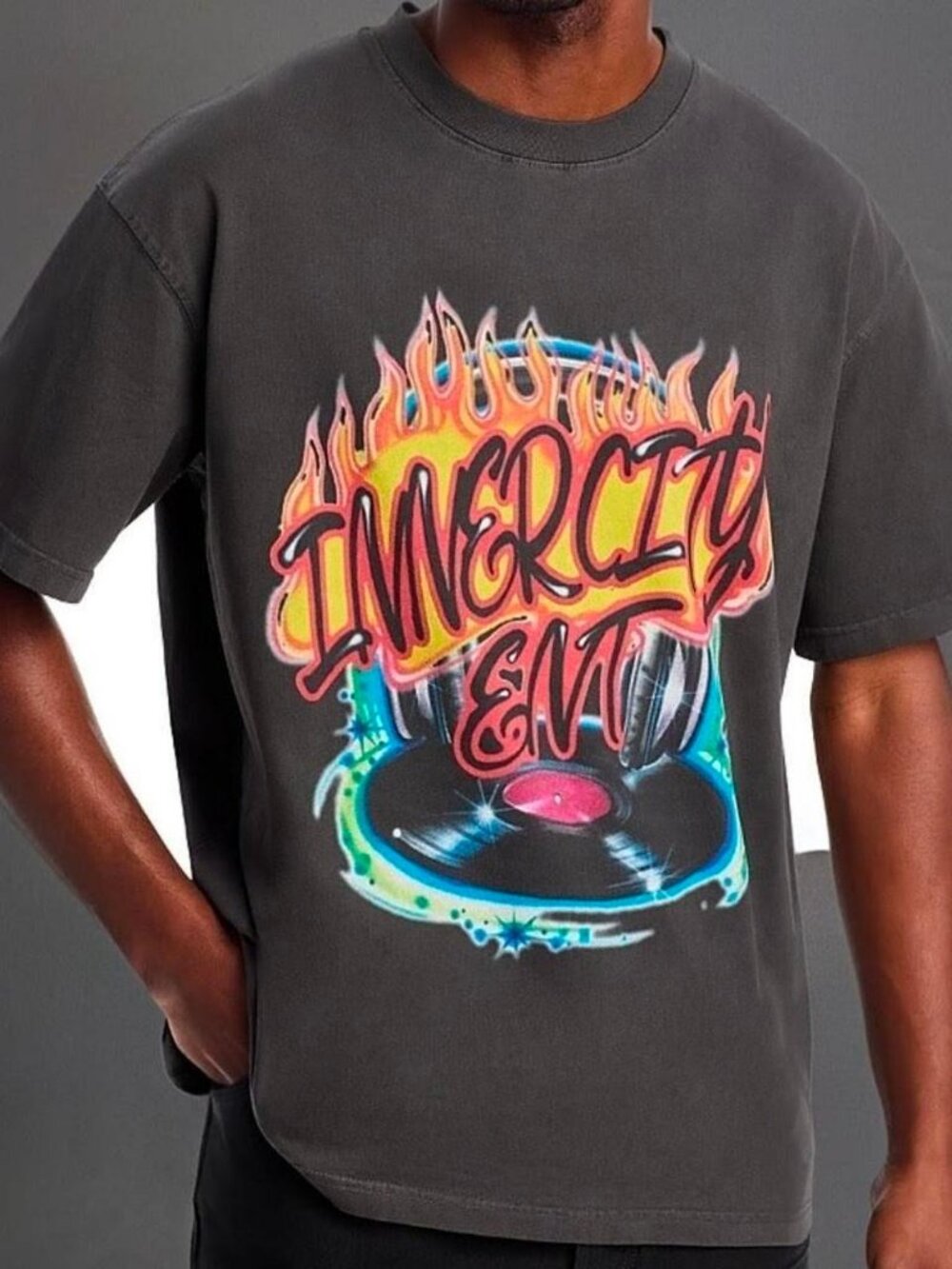 Honor The Gift Vinyl Airbrush T-Shirt in black featuring a printed "Inner City"